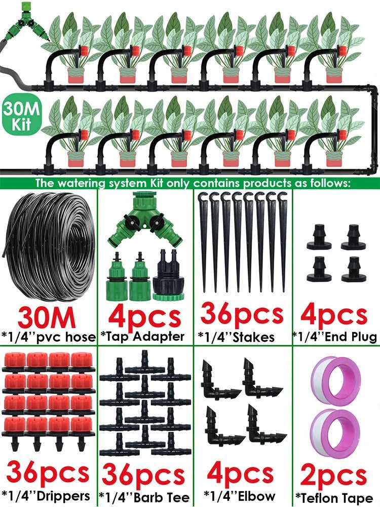 Kit de Irrigação por Gotejamento Automático com Bicos para Lavoura, Bonsai, Plantas, Flores, Vegetais e Estufas
